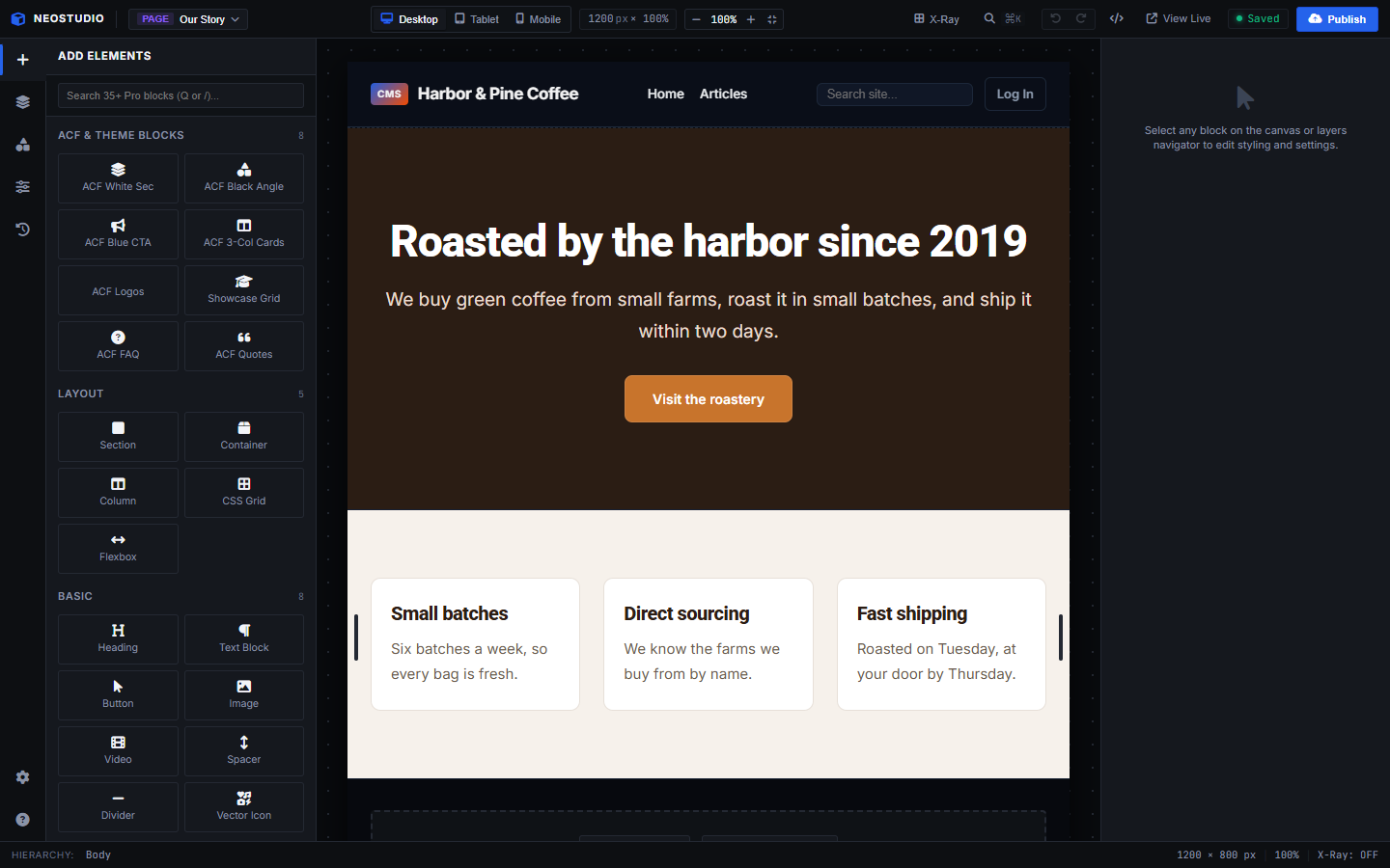 The Daystudio visual builder editing a page in Daypress v0.1