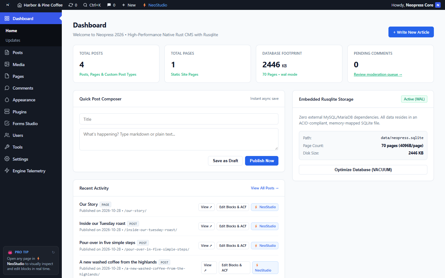 The Daypress v0.1 admin dashboard