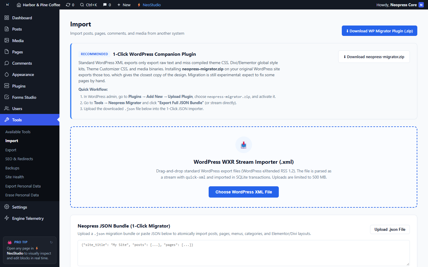 The WordPress import screen in the Daypress v0.1 admin