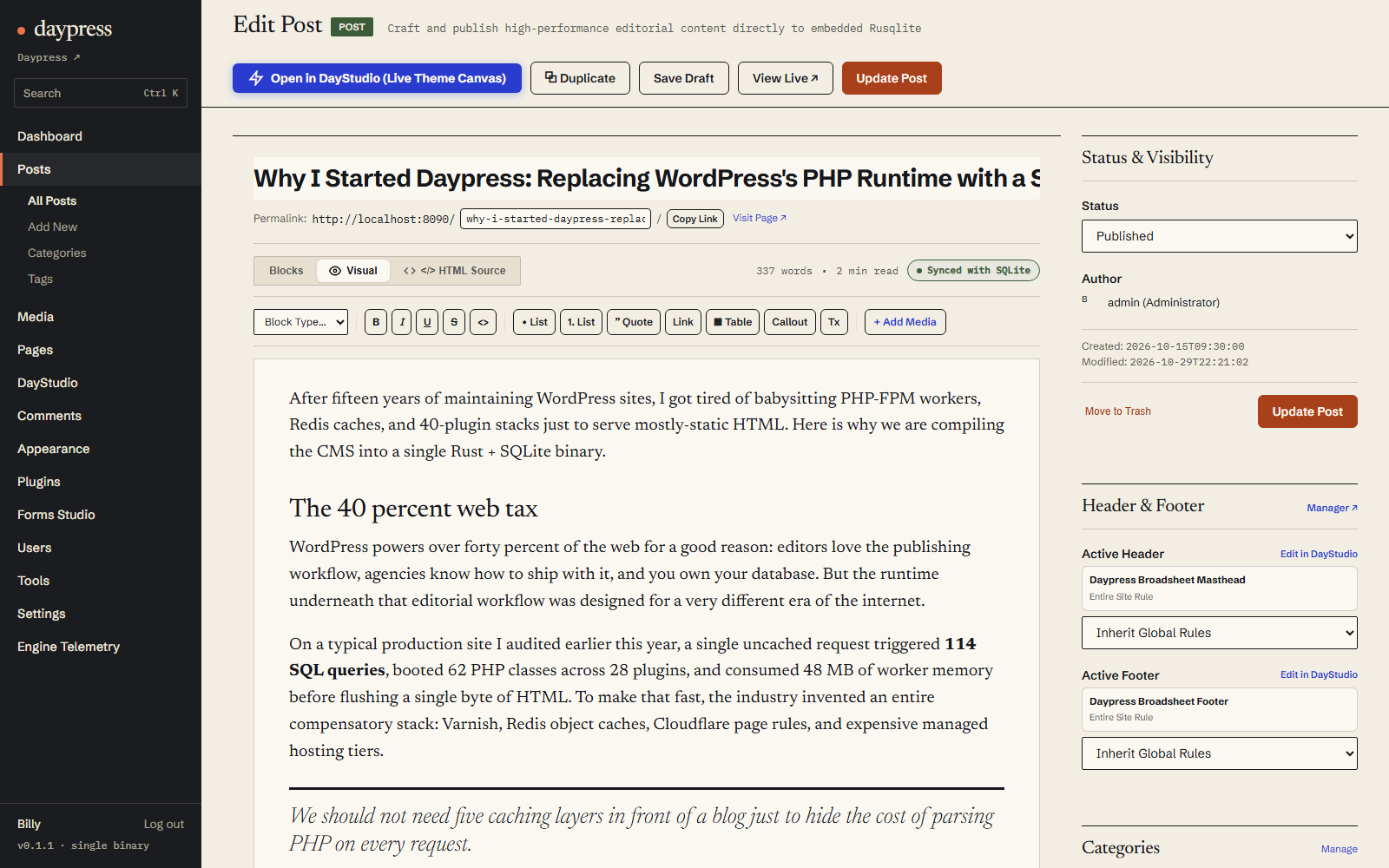 /d-admin/post — Editing posts with deterministic slug generation and SEO metadata