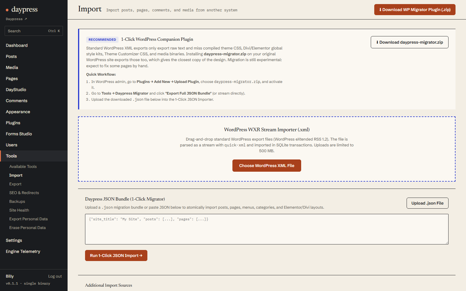 /d-admin/import — 1-Click WordPress JSON bundle and WXR XML migration screen